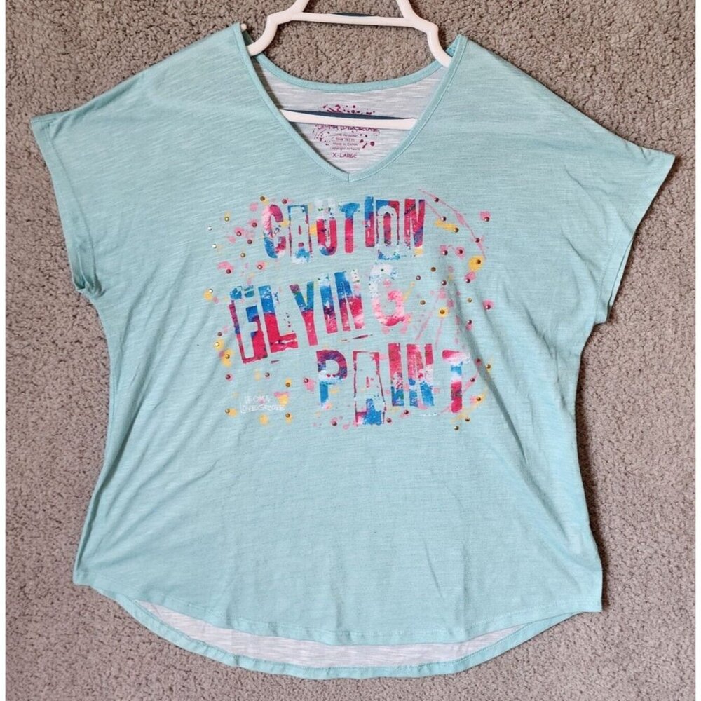 Leoma Lovegrove Women's Short Dolman Sleeve V Neck T Shirt Graphic Print Size XL